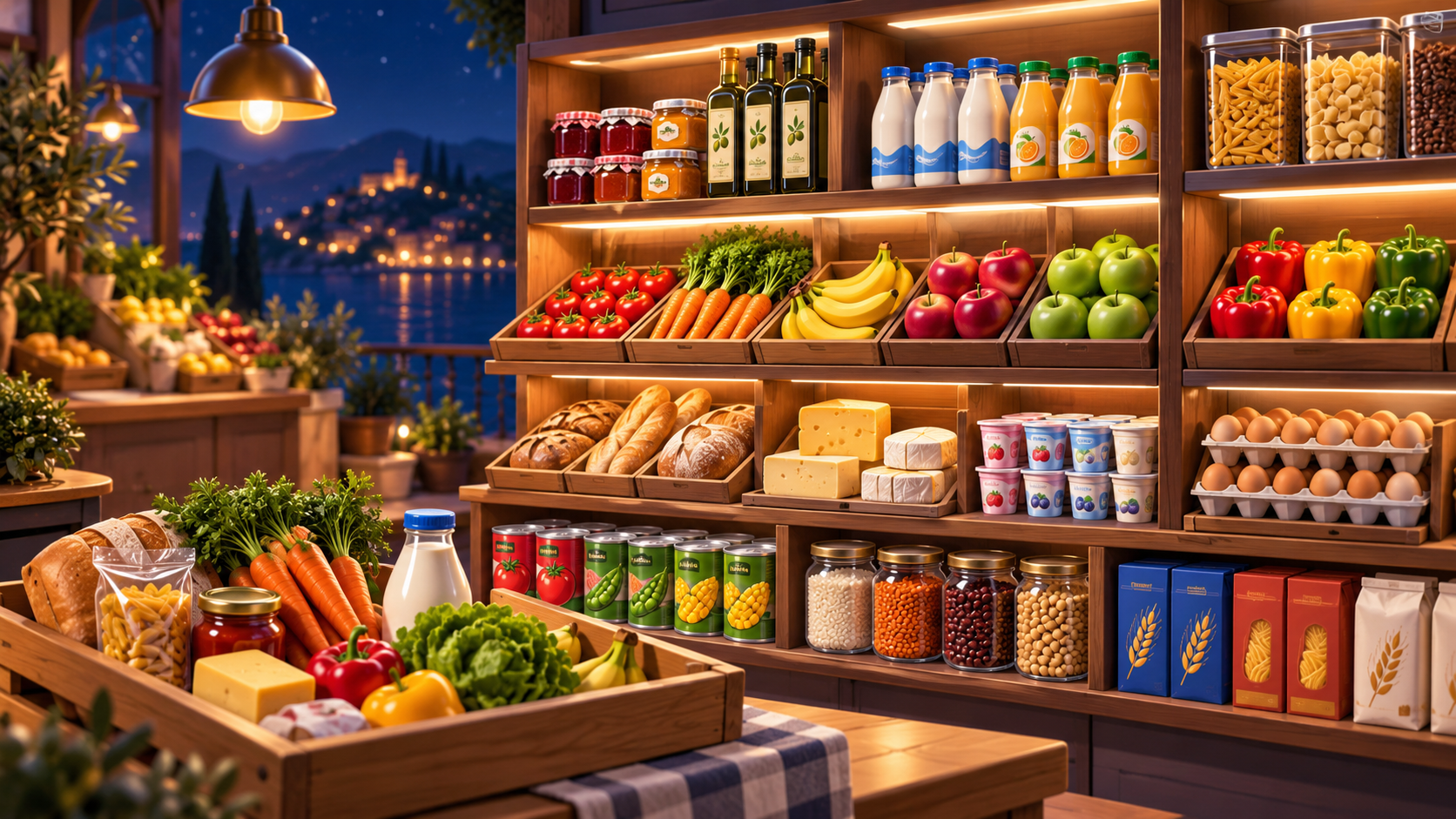 Groceries being sorted onto market shelves