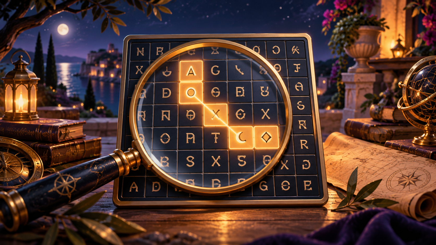 A glowing word-search grid with a magnifying glass